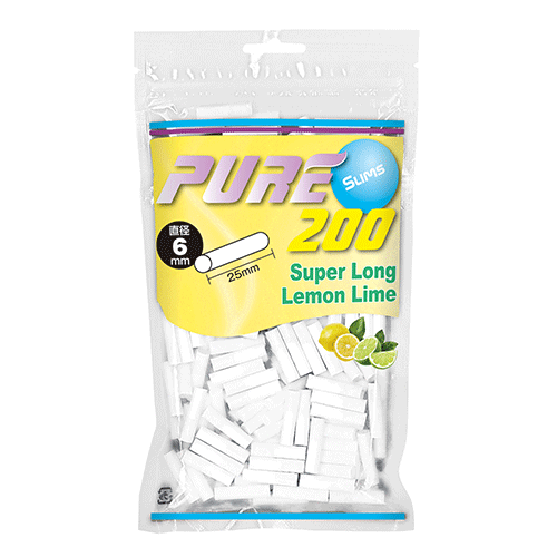 PURE Slim Super Long Lemon Lime 200参考包装:黄色袋面含柑橘图形,LEMON LIME和200清楚